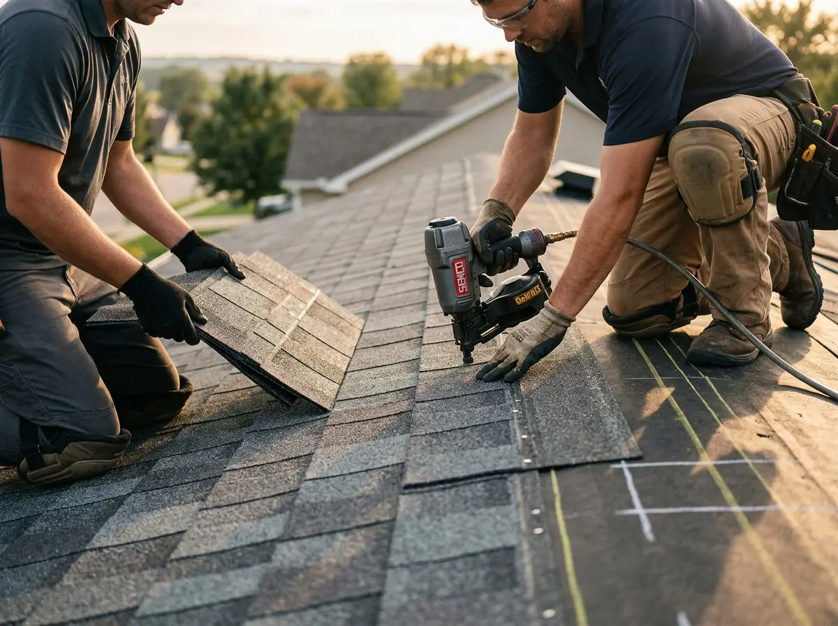 Professional roofer working on a residential roof in Laurinburg